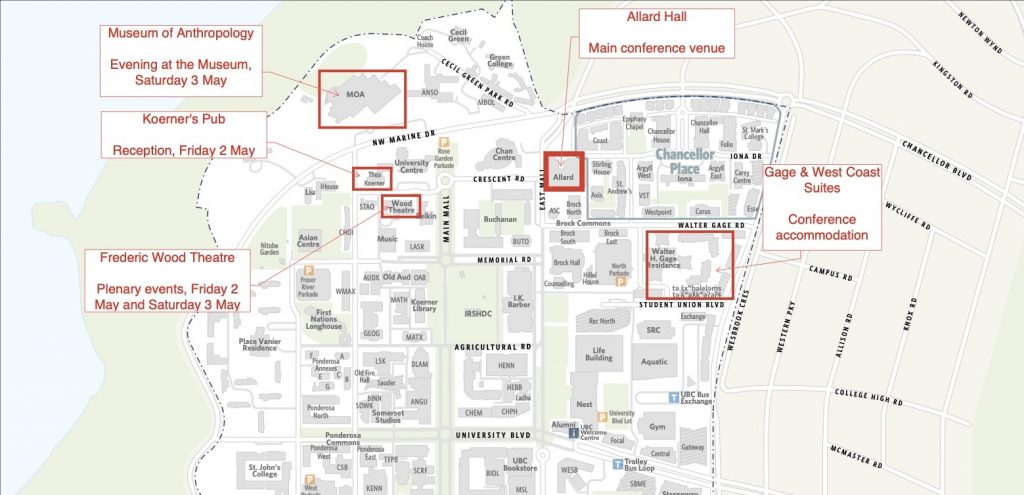 Map of northern half of UBC V Point Grey campus, annotated with key BC Studies Conference 2025 locations