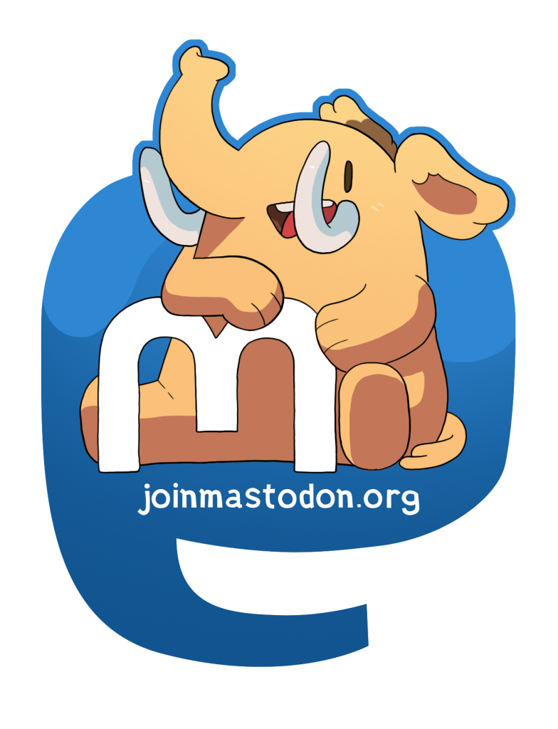 drawing of an elephant with an "m" and "joinmastodon.org" underneath it