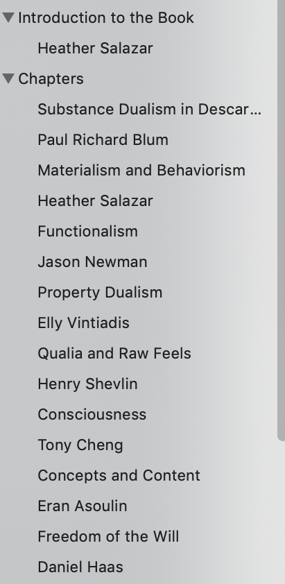 screen shot showing what the heading bookmarks on the PDF for the Philosophy of Mind looks like