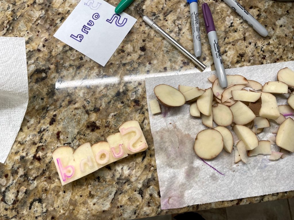 potato stamp pieces on a counter