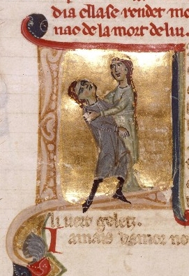 early romance in action: Jaufré Rudel dies in the arms of the Countess of Tripoli; 12th c. Occitan material, 13th c. Italian ms, in a French library