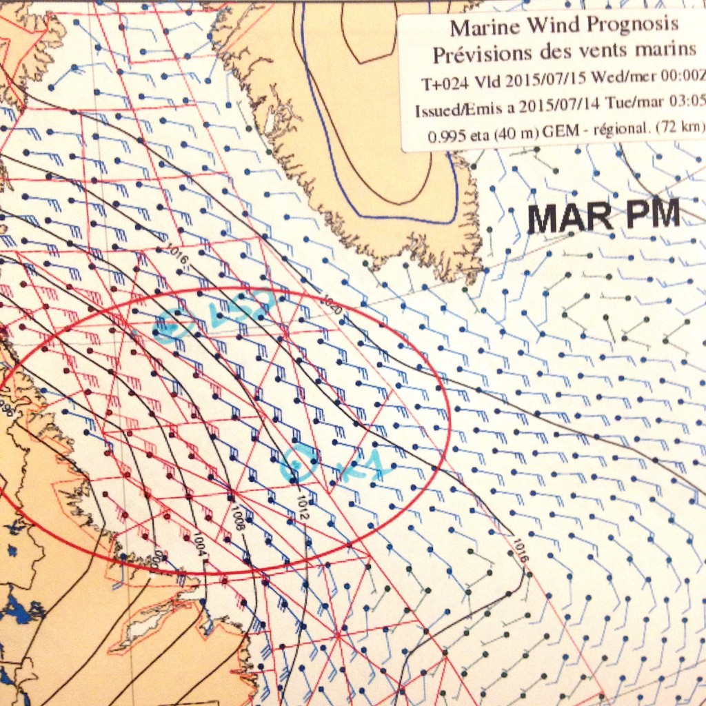 The marine wind prognosis from the Canadian Meteorological Service. We are trying to avoid the bit in red.