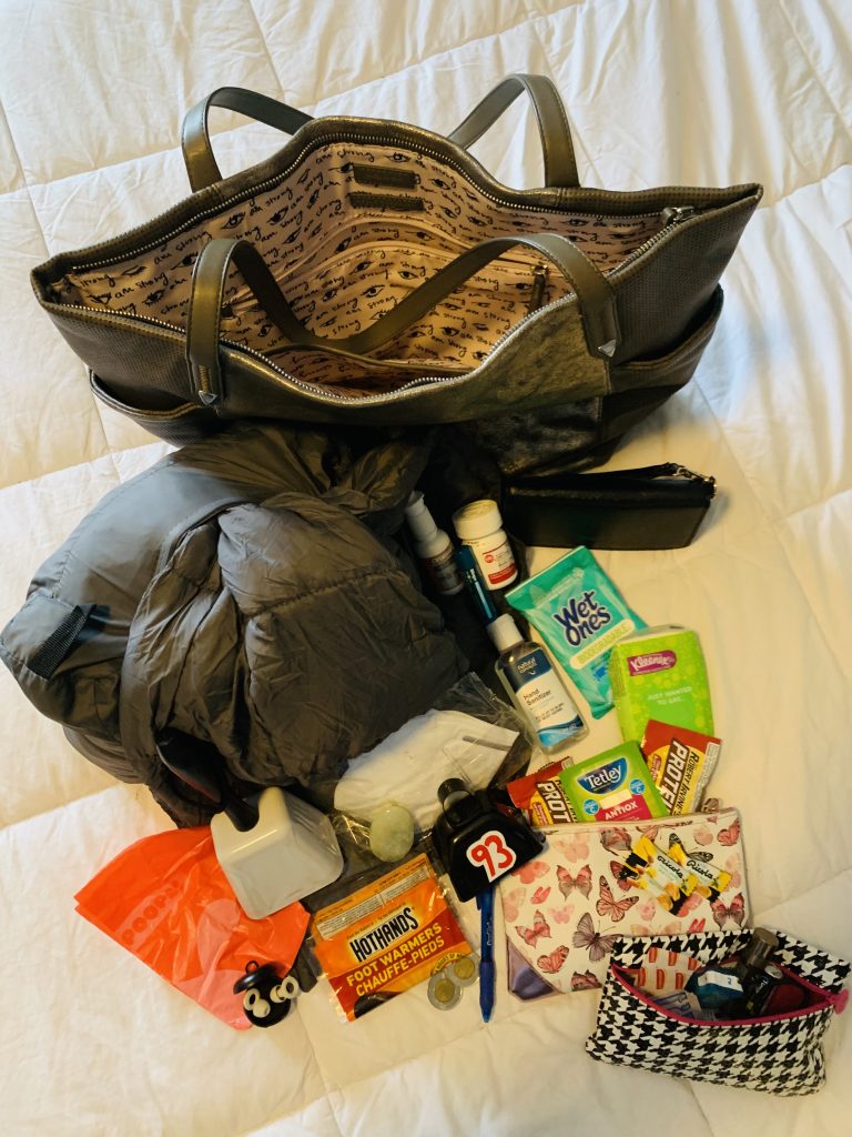 The contents of a hockey mom's bag. 