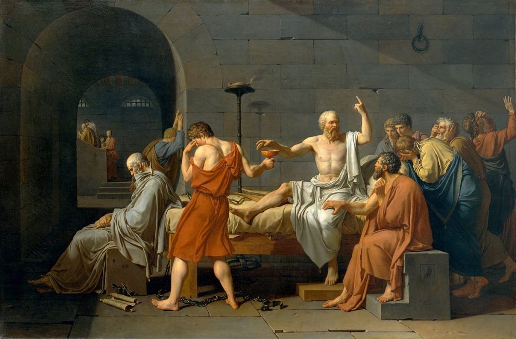 Jacques-Louis David's painting called The Death of Socrates, which shows Scorates on a bed about to drink hemlock, surrounded by friends