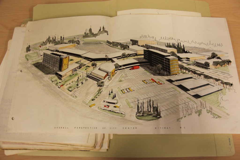 Overall perspective of city center, Kitimat B.C., Thomas McDonald fonds file 2-5