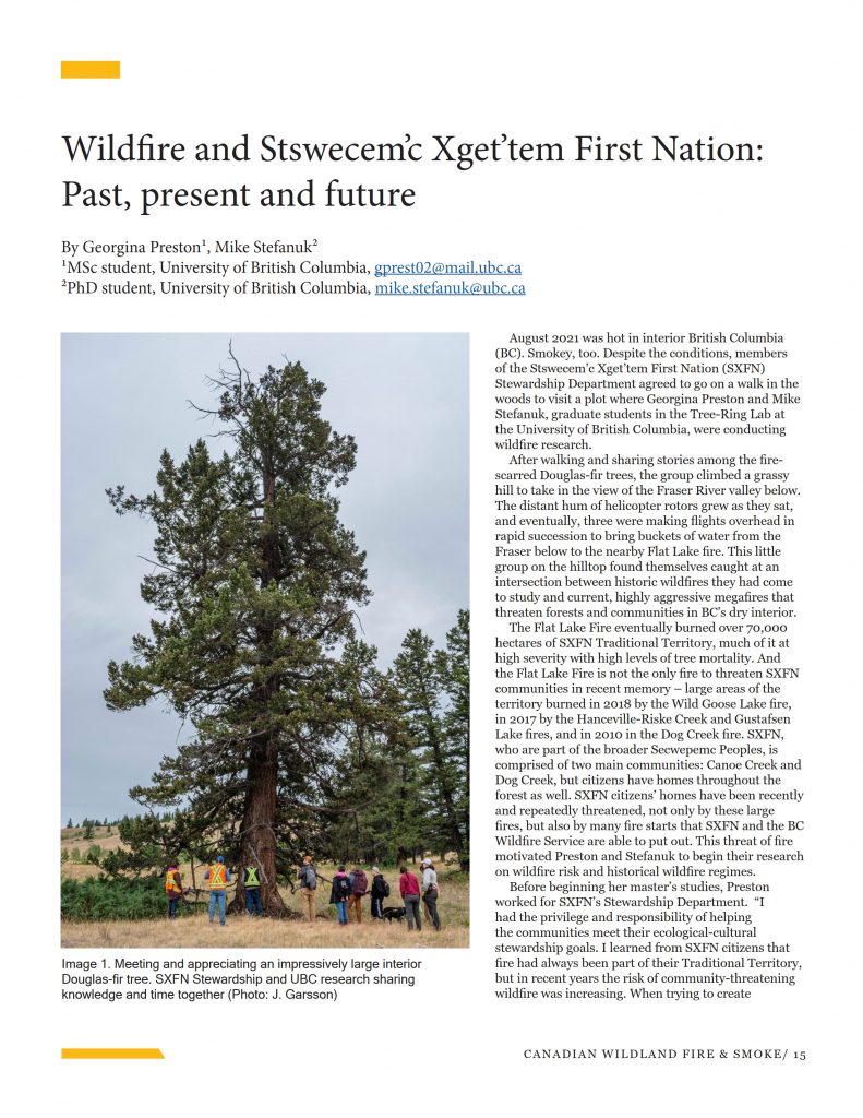 First page of a newsletter article entitled Wildfire and Stswecem'c Xget'tem First Nation: Past, present and future