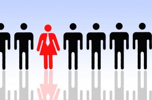 Pictogram of a woman with a tie and men, symbolic image for women's quota
