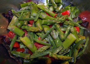 layer greens, green beans, cherry tomatoes and asparagus
