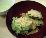 green tea ice cream with nutty roasted soy bean flour on top