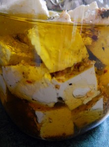 Queso fresco marinated in spiced olive oil for two hours or more