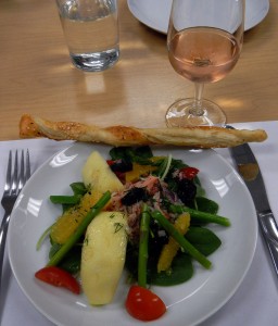 the Crab & Asparagus Salad is served with a Puff Pastry Twist and Brut Rosé wine