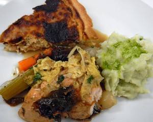 the Entree: Chicken with Cabbage & Prunes, and Chive Oil Mashed Potatoes