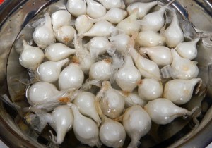 soak pearl onions in hot water to make them easier to peel