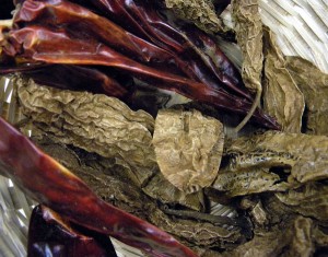 Chipotle (brown) and Guajillo (red) chiles for the mole Veracruzana
