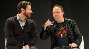 Spotify director Sean Parker and anti-piracy campaigner and ex-Metallica drummer Lars Ulrich joining forces against piracy. Photo by Kevin Mazur from WireImage.