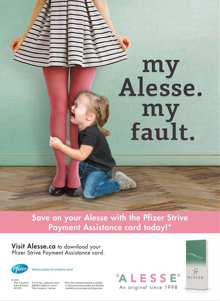 An edited Alesse ad with a crying child clinging to a woman’s legs. Text reads “my Alesse. my fault.”