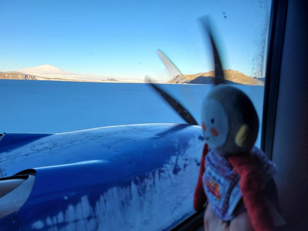 Image taken from the plane window, where a small soft toy is looking out the window. The plane appears to be near or on ground with mountains in the background.
