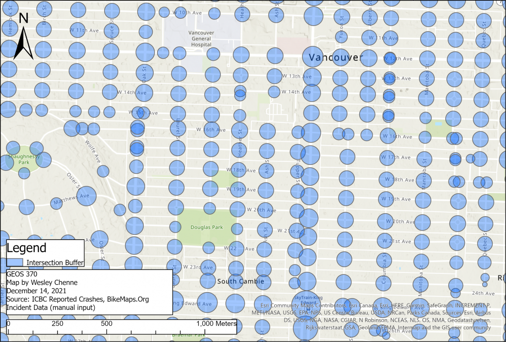 Figure 2. Generated intersection buffer polygons based on approximations of street width and estimations based on street classifications.