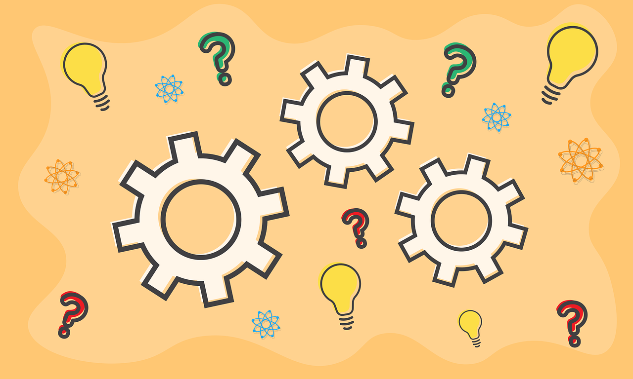 Cartoon question marks, light bulbs and gears against an orange background