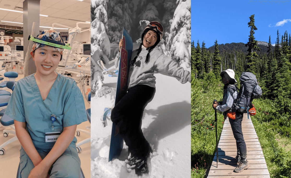Compilation of photos of Annie doing dentistry work, snowboarding, and hiking