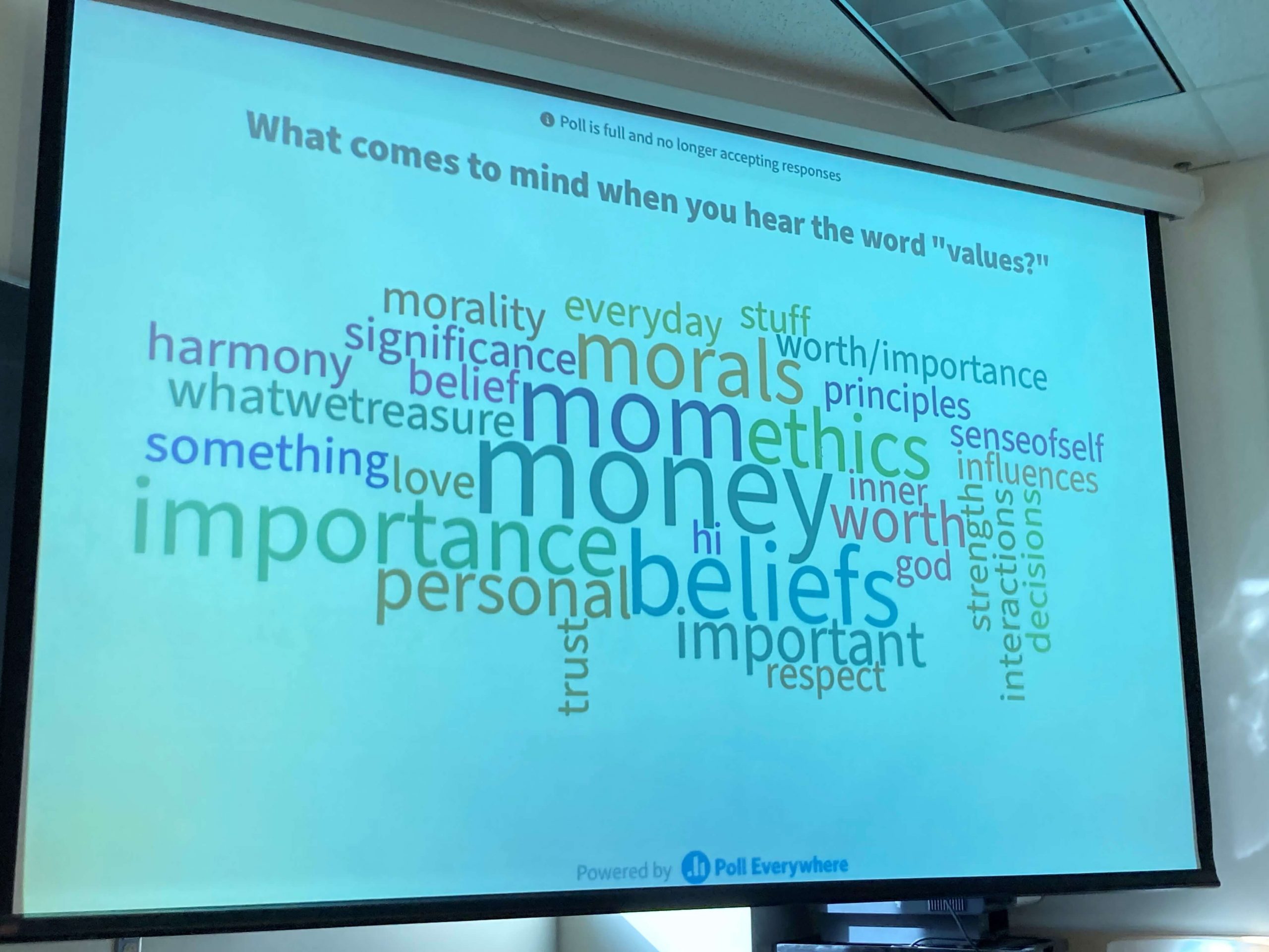 Slide showing responses to the question "What comes to mind when you hear the word values?"