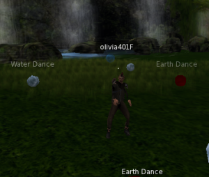 A Second Life chat room called "RAWHIDE NATIVE, tender heart". Depicted here is my avatar engaging in an "earth dance" action.