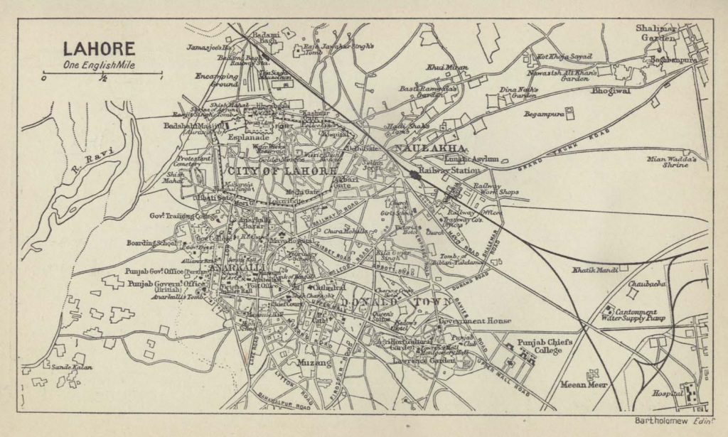 Black and white map of Lahore City showing all of the road, railway and water networks of the city center.
