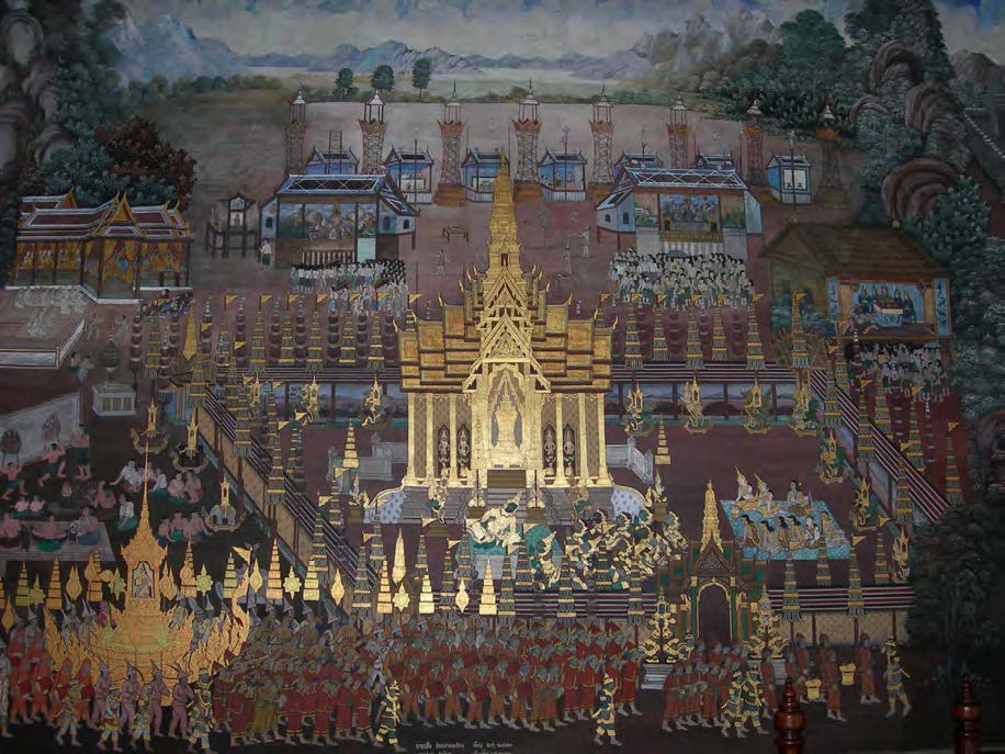Mural on the colonnade wall at Wat Phra Kaew showing a hindu funeral ceremony
