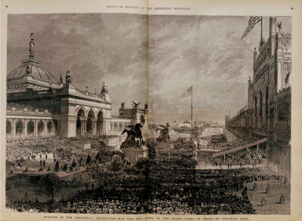 Drawing depicting the opening of the Centennial Exposition on May 10th, 1876. This photograph highlights the predominant buildings and the mass quantity of visitors flooding the open space.