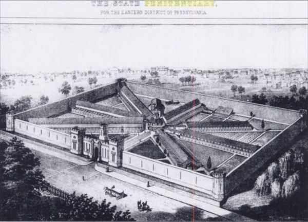 Overview drawing of prison. Radial form surrounded by stone rectangular wall. One main entrance gate and corner towers.