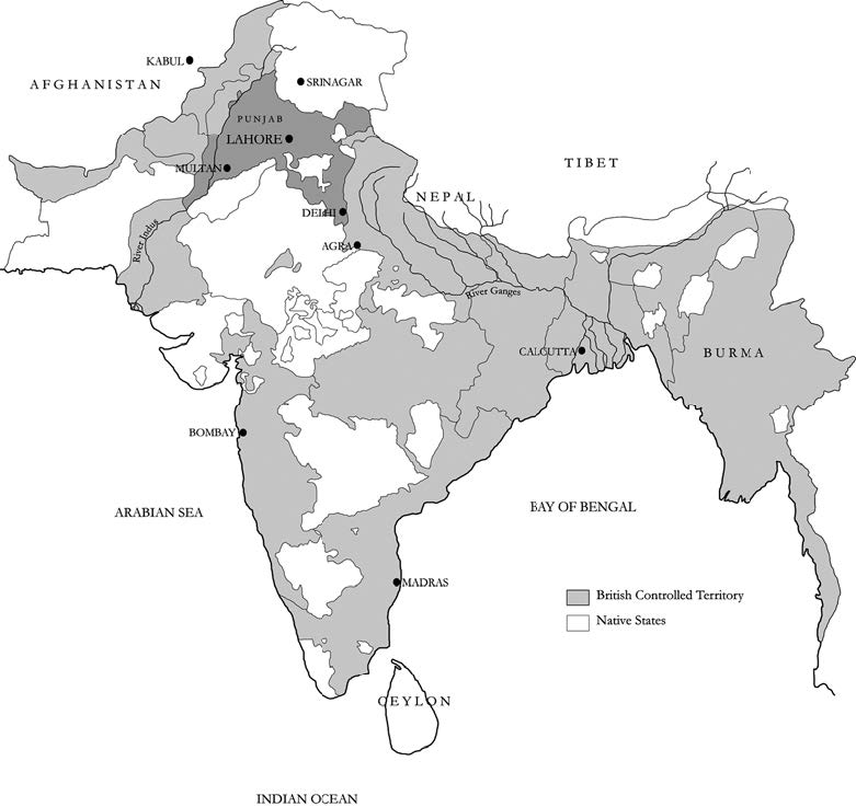 Black and white map of Colonial India, with major cities highlighted.