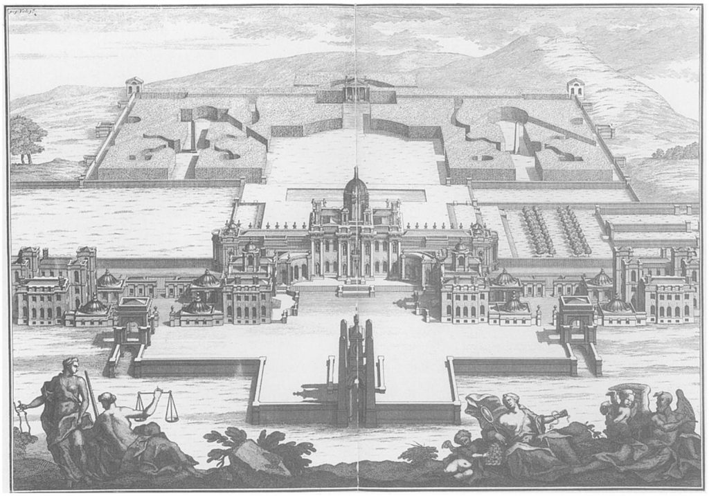 At the front of this image, we can see large gates that encase Castle Howard and render it private from an aerial view.