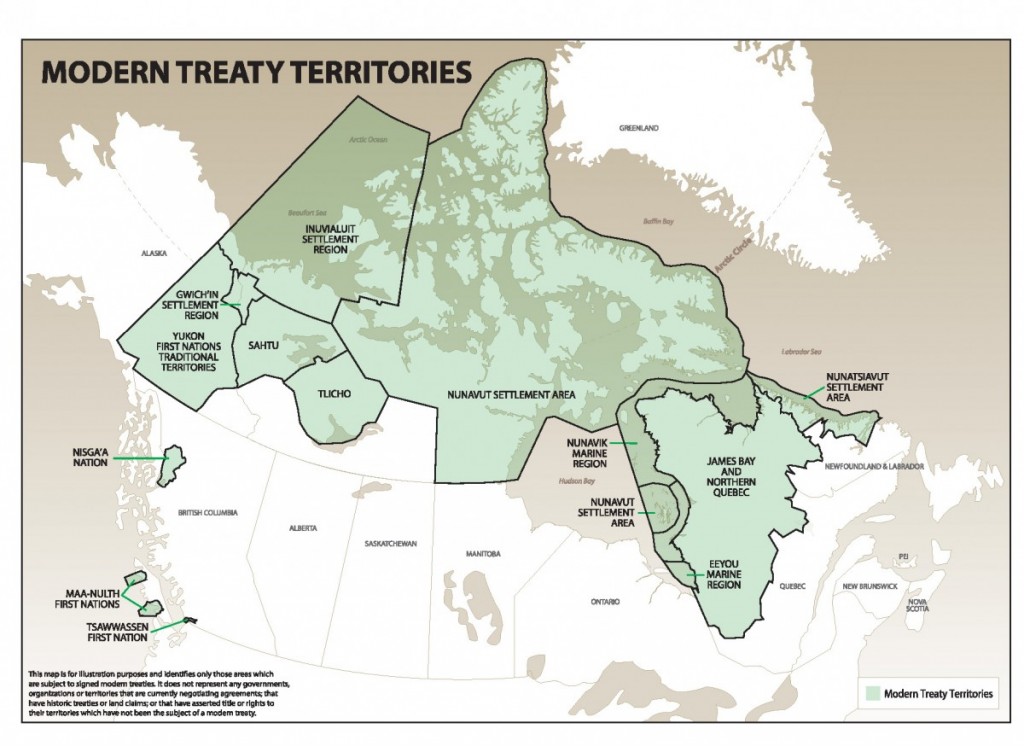 This map is for illustration purposes and identifies only those areas which are subject to signed modern treaties. It does not represent any governments, organizations or territories that are currently negotiating agreements; that have historic treaties or land claims; or that have asserted title or rights to their territories which have not been the subject of a modern treaty.