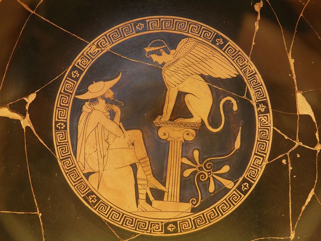 Oedipus & the Sphinx, pottery decoration from circa 470 BCE