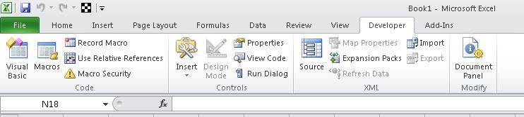 Excel 2010 developer tab