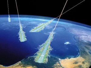 An illustration of showers of high-energy photons dispersed by cosmic rays striking the atmosphere. NASA, 2006,