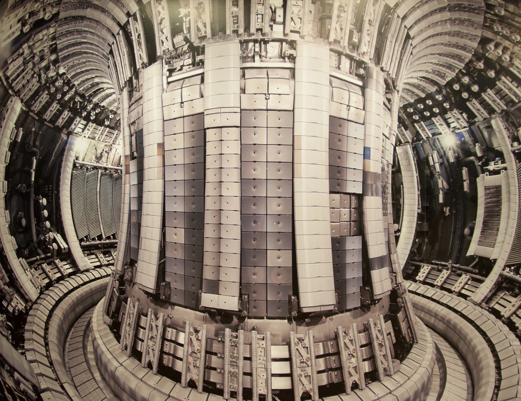 JET fusion reactor in England. The torus is designed to hold the heated plasma suspended in air, without touching the walls. Source: Flickr, by aglet