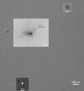 Area where Europe's Schiaparelli Lander crashed on Mars, with 3 magnified sites where space craft parts hit the ground. Obtained from: http://www.nasa.gov/sites/default/files/thumbnails/image/pia21131-hirise_of_edm.jpg