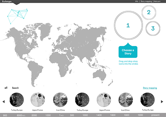 The Interface includes a map, a row of stories to select, an place to drag selected stories and an timeline.