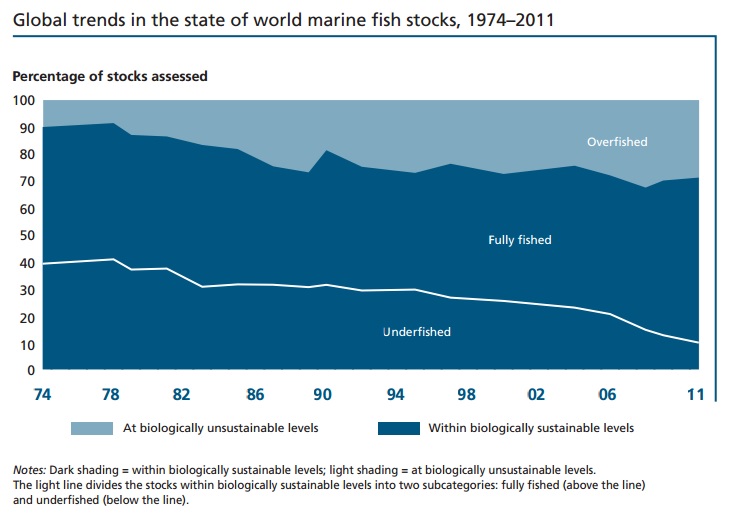 Global trends in the state of world marine fish stocks, 1974-2011