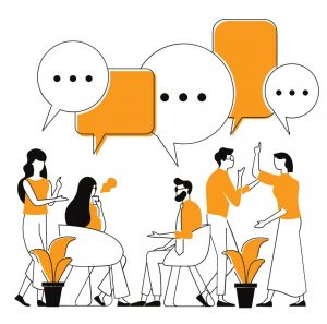 image portrays five people, engaging in conversations with one another.