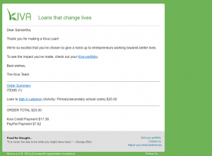 Receipt obtained for loan through Kiva. 