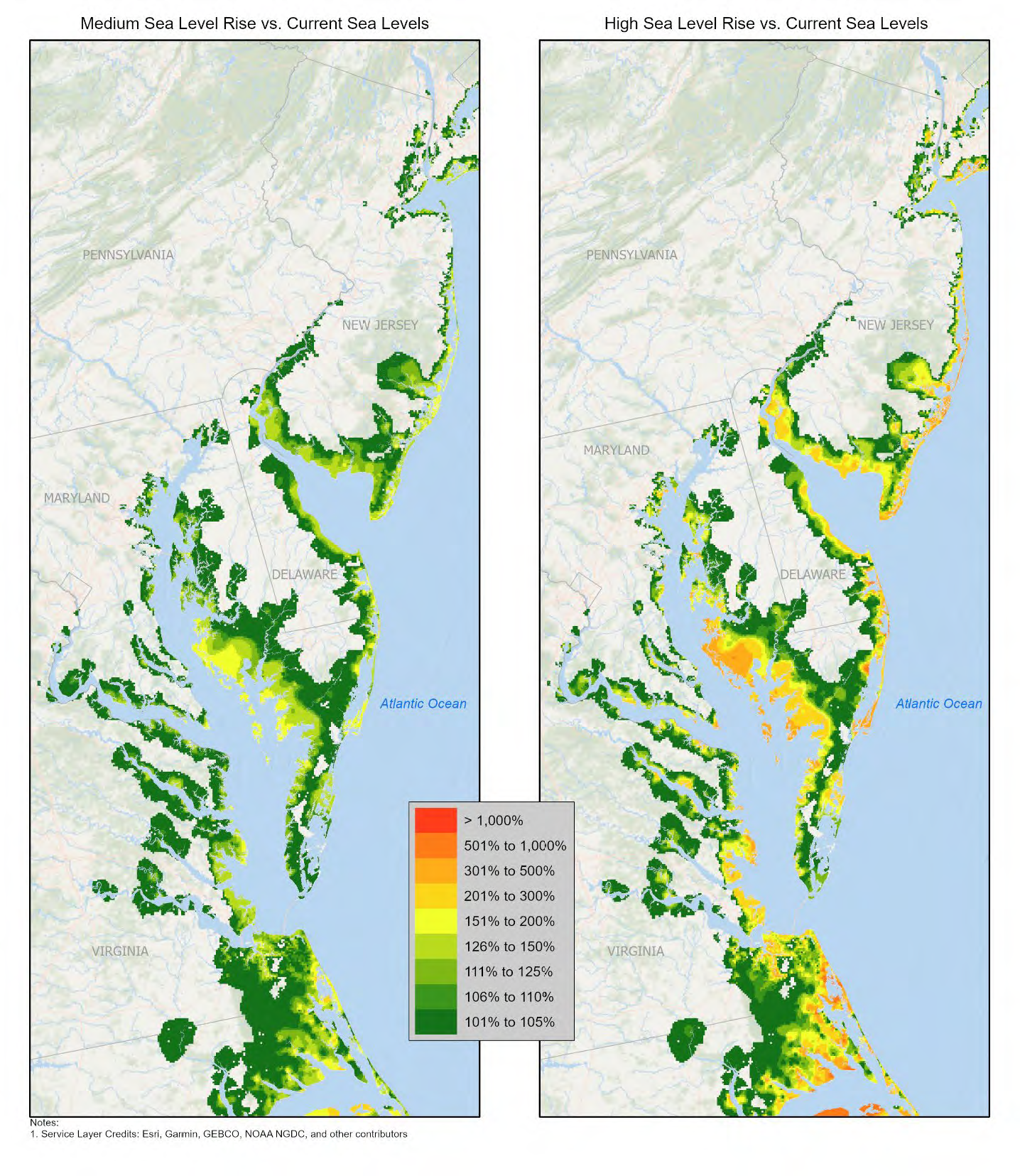 Figure 7: Increase in Total Flood Losses: High vs. Medium Sea level Scenarios, Middle Atlantic States