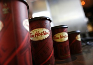 File photo of a row of Tim Hortons coffee cups for customers at Penn Station in New York