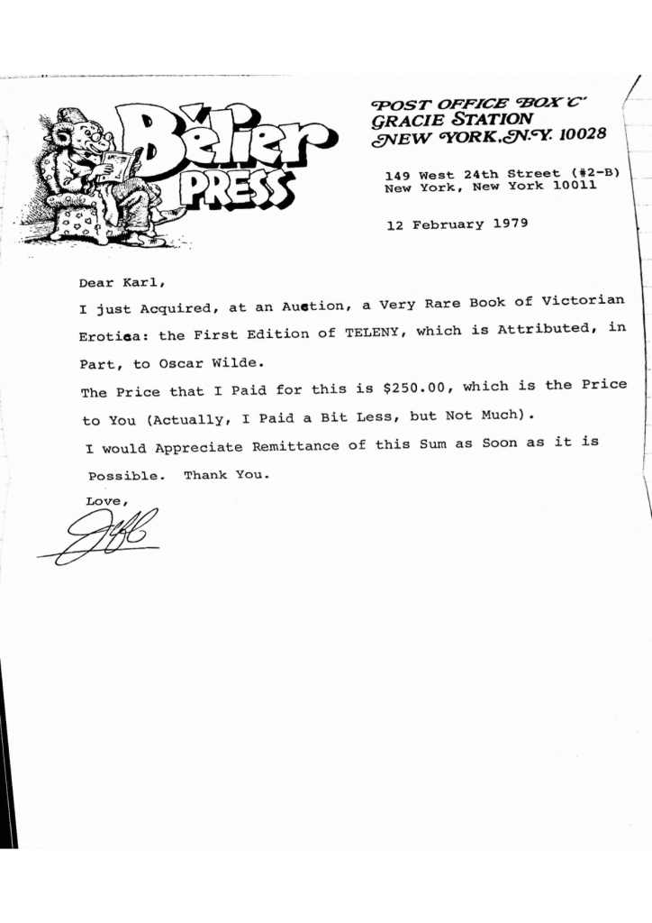 Belier Press Letterhead Adressed to "karl" from "Jeff"