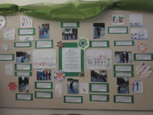 Pedagogical documentation board displaying photos, drawings, class written poem, and students comments about our winter walk in the forest.