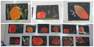 Pumpkins - The students learned the names for the parts of the pumpkin as they created their art work.