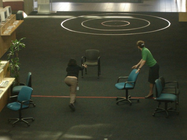 Pia (Admissions) & Elenora (Administrative Services) competing for gold in Office Chair Curling