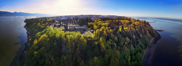Panorama of MOA and Point Grey campus at sunrise. Credit to UBC Hover Collective.