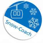 circular logo of snow coach with image of gondola and snowflakes